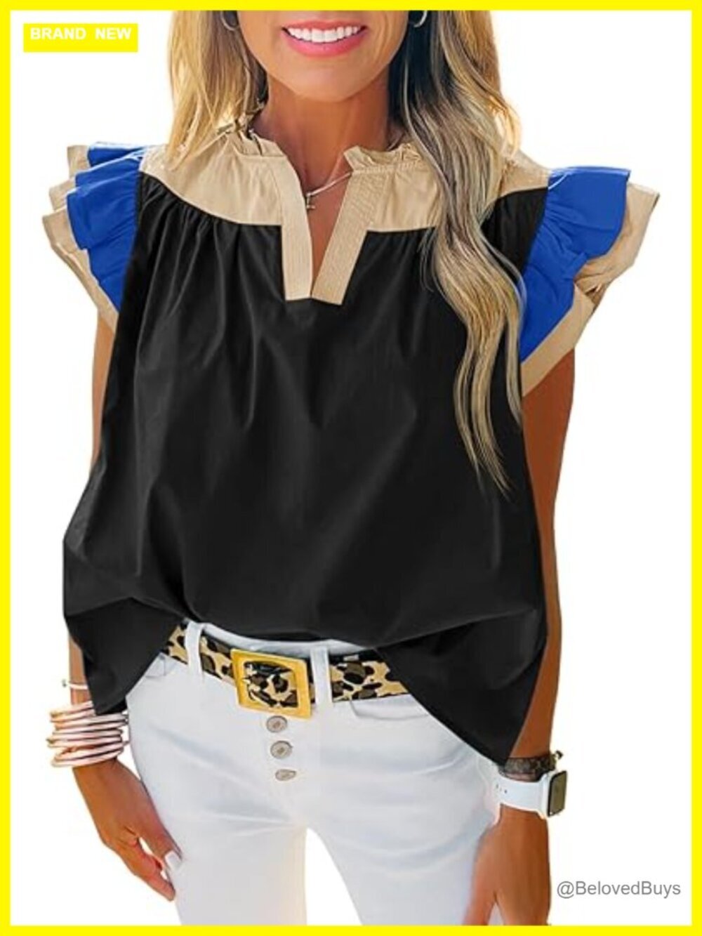 Women's Ruffle Color Block Tank Top V Neck Pleated Blouse Loose Fit Sleeveless